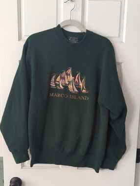 Vintage Marco Island Dark Green Crewneck Sweater with Sailboat Embroidery